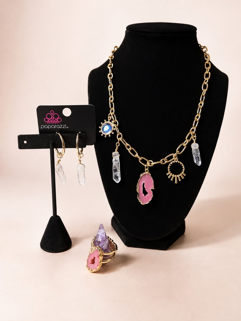 Paparazzi Gold Tone Pink Geode Crystal Charm Jewelry Set